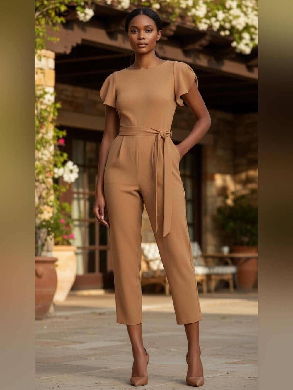 "Calvin Klein Tan Camel Tulip Sleeve Tie Waist Cropped Jumpsuit 12"